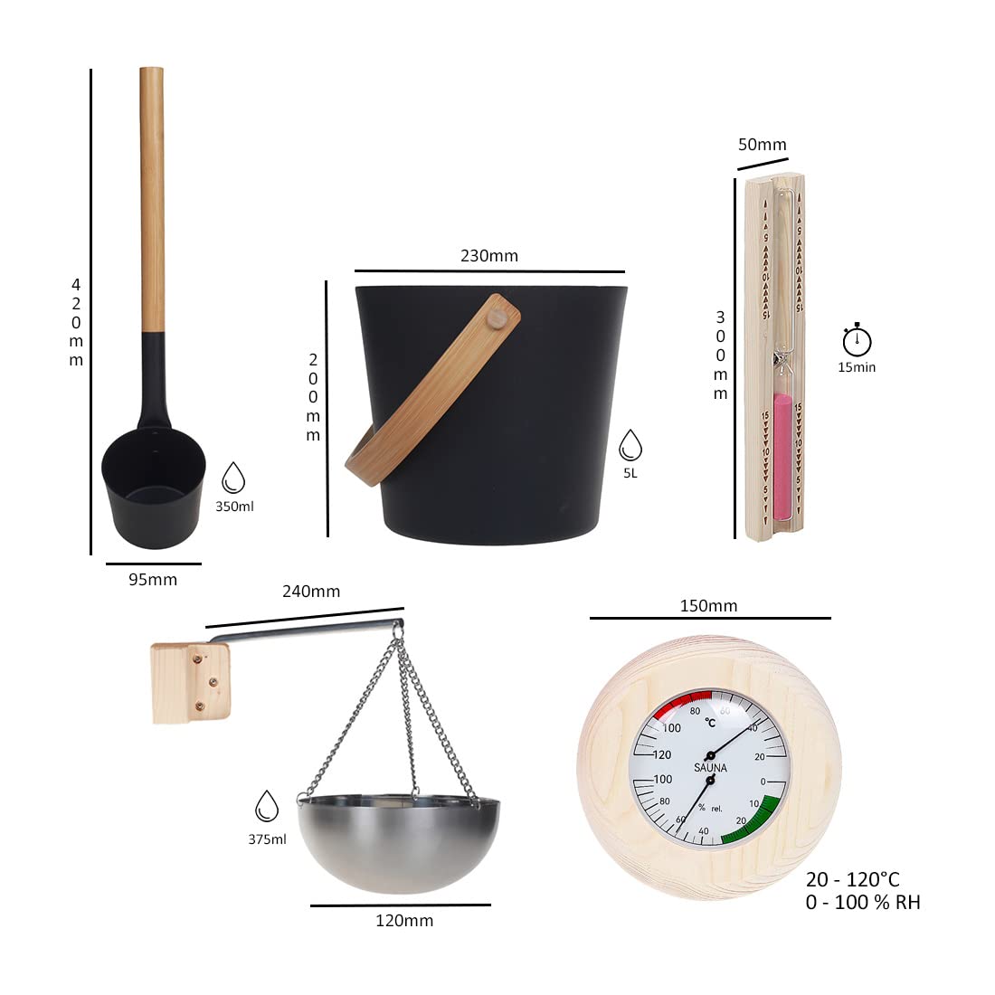 Saunazubehör Set, 5-teilig, Eimer 5L aus Aluminium, Schöpfkelle, 15min. Sanduhr, abgerundetes Thermometer - Hygrometer, Sauna Aromatherapie Schale