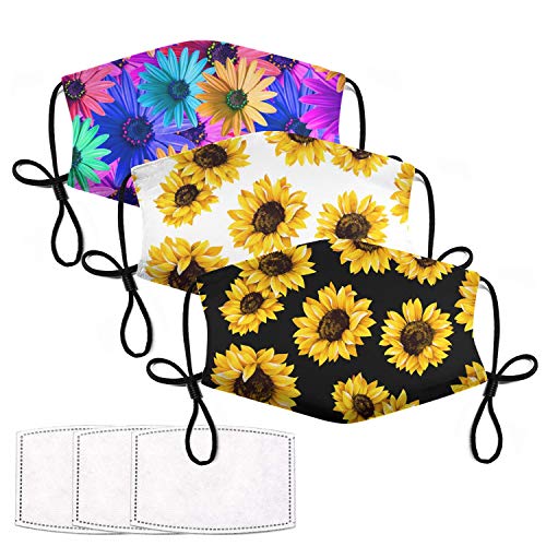 Sunflower Face Mask 3 Pack Adjustable Reusable for Mens Womens Kids Funny Mask Floral Face Mask Y