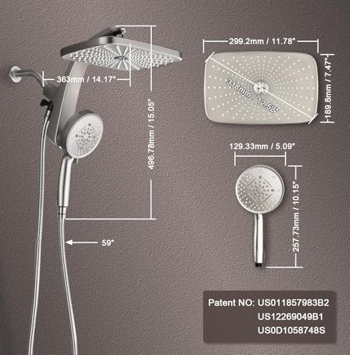 Image of Rain Shower Head with Handheld Showerhead, Nickel 1.75GPM 460311 | 12 inch High Pressure Rainfall Shower Heads, 9 Sprays Handheld Showerheads, Magnetic Docking, Power Jets, 59 inch Shower Hose