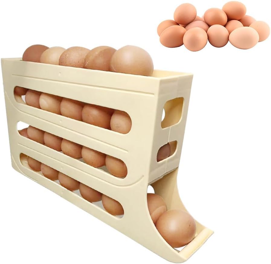 New Automatic Scrolling Egg Rack Holder, Space-Saving Dispenser, Large Capacity Organizer, Kitchen (Beige)