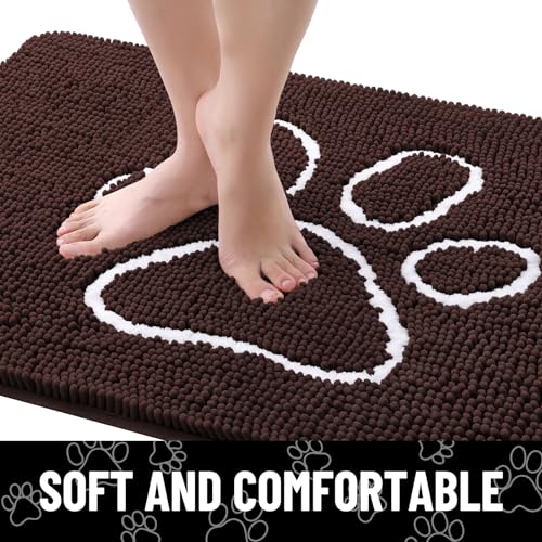 Image of Smiry Dog Door Mat for Muddy Paws, Absorbent Dirt Trapper Non Slip Quick Dry Washable Chenille Mat for Mud Dogs, Entry Rug for Indoor and Outdoor (34x21 Inches, Brown and White)