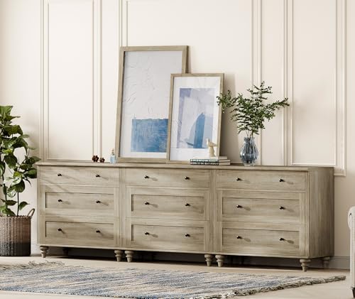 Image of WAMPAT Dresser for Bedroom with 9 Drawers, Kids Dressers with Wide Chest of Drawers, Modern Wooden Closet Storage Organizer, Large Wood Dressers for Living Room, Nursery, Hallway, Rustic Oak