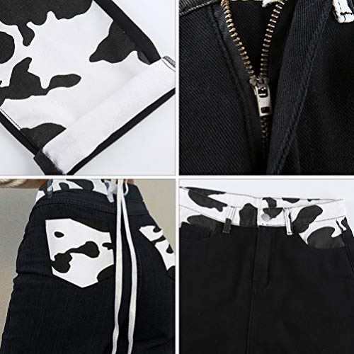 KESYOO Jeans Feminino Cow Jeans Patchwork Jeans Jeans de Cintura Alta Jeans Slim Calça Reta Patch Ca
