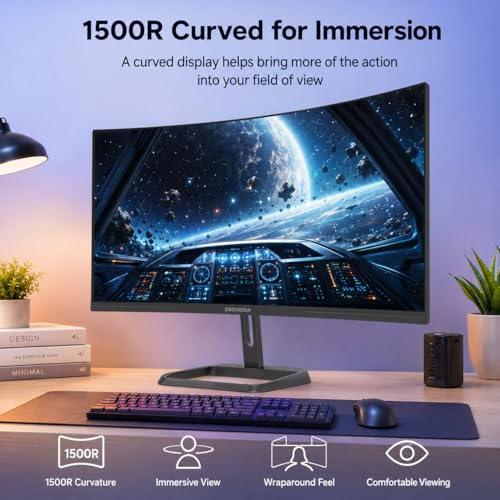 Image of Deco Gear 34 Inch Curved Gaming Monitor, 180Hz UWQHD 3440x1440 21:9 VA Display, 1ms MPRT, Adaptive Sync, 1500R, HDR Ready, 100% sRGB, Dual HDMI, DisplayPort 1.4, VESA Mount, Office & Workspace Setup