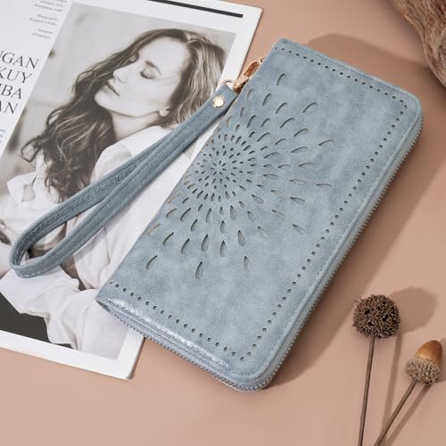 Image of APHISON Wallet Women Large Capacity Clutch Purse For Ladies Card Holder RFID Wristlet Phone Zipper Coin Travel Pocket, 07-blue, 8.2 inch x 4.33 inch x 1 inch, Utility