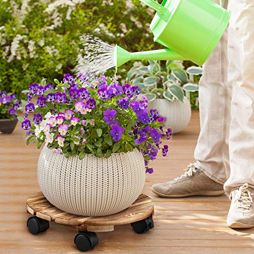 OAK LEAF Plant Caddy with Wheels, 12 Inch Plant Stand Plant Dolly, Round Wood with 360 Rotating Caster and Lockable Wheels, Plant Mover for Indoor, Outdoor, Garden