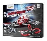 Darda 50241 Rennbahn Set Flash Fighter, Autorennbahn Autos, Rennstrecke ca. 3 Meter, Bahn mit Zweifach Looping, 2 180 Grad Kurven und Formula Rennauto, Spielset für Kinder ab 5 Jahre, Rot/Schwarz