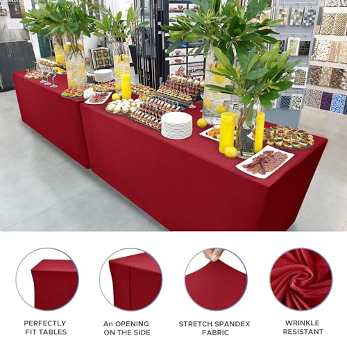 Image of Rectangle Spandex Fitted Tablecloths For Vendor Booths 4 Pcs 72X30 Inch Red | Wrinkle Resistant Fitted Tablecloths for 6 Foot Folding Table, Vendor Booths, Parties, Craft Show, Trade Show,30x72 Inch