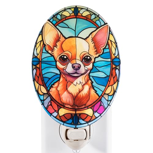 Image of Dog Night Light Chihuahua, Stained Glass Styled Plug-in Wall Nightlight, Bulb Included, Pet Memorial Dog Lover Gift, Bedroom Hallway Bathroom Decor, Manual On /Off Switch