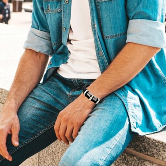 Leather Bracelets for Men 5pcs, Fashion Men's Bracelet Leather and Steel Braided Wrap Cuff Wirstband Bracelets with Closure Bangle Gift for men2