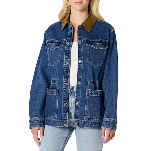 Amazon Essentials Women's Regular-Fit Low Stretch Denim Cinched Waist Barn Jacket, Medium Blue Vintage, Large