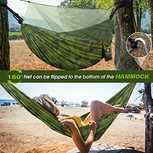 Image of Camping Hammock with Net,Travel Portable Lightweight Hammocks with Tree Straps and Solid D-Shape Carabiners,Parachute Nylon Hammock for Outsides Backpacking Beach Backyard Patio Hiking