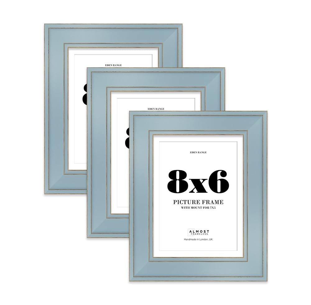 8x6" Cornflower Blue Picture Frame with 7x5" Mount - Shabby Chic Photo Frame with Distressed Finish, Gold Trim, Wall Hooks and Kickstand, 37mm Edge - 3 Pack
