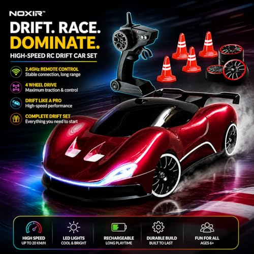 Image of RC Drift Car 1:16 Scale, 2.4GHz Remote Control, Set | 25KM /H High-Speed, LED Lights, Replaceable Drift Tyres, Spare Wheels & Cones Included