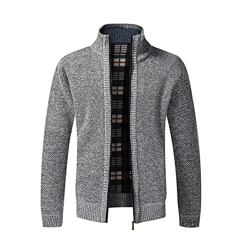Akklian Men's Stand Collar Cardigan Slim Fit Full Zip Up Pullover Sweaters Fleece Lined Winter Warm Knitwear with Pockets