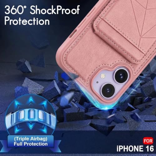 Image of amazon basics Premium Vegan Leather Back Cover with Card Holder and Integrated Mobile Stand for iPhone 16 - Slim Shockproof Wallet Case with Geometric Stitching [Pink]