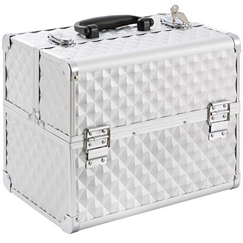 Arebos Valise de Maquillage | 15L | 5 Compartiments | Aluminium | Motif Diamant | Serrure et clé incluses | 2 étagères Pliantes | Revêtement en Velours | Argenté Cover