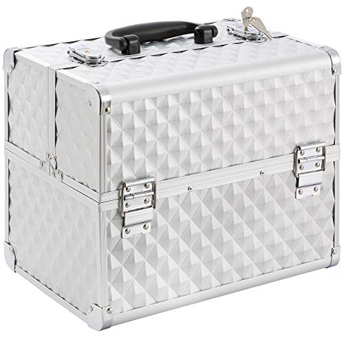 Arebos Cosmetic Case | 15L | 5 scompartimenti | Alluminio | Motivo a diamante | incl. serratura e chiave | 2 ripiani estraibili | Intarsio in velluto | Argento