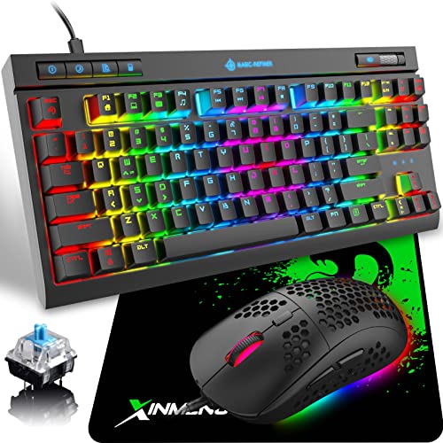 RGB herní klávesnice a myši, 87 tlačítek Blue Switch Rainbow mechanická klávesnice + 6400 DPI lehká plástvová miska myš + podložka pod myš, USB kabel kompatibilní s PC, Mac, PS4, Xbox – černá