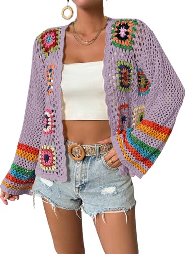 Image of SHENHE Women's Floral Crochet Cardigan Hollow Out Open Front Long Sleeve Cardigan Sweater
