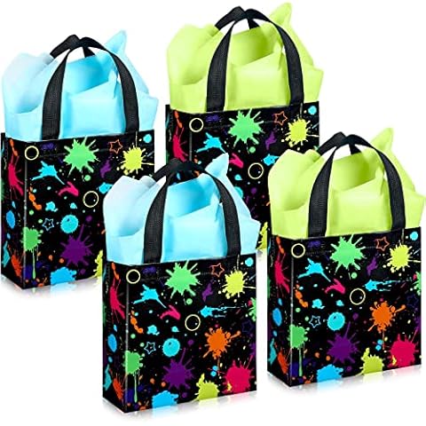 Sanwuta 24 Pieces Glow Party Favor Bags with Tissue Paper Neon Glow Party Supplies No Woven Neon Birthday Party Gift Bags Goody Candy Bags for Kids Adults Glow in the Dark Party Decoration Cover