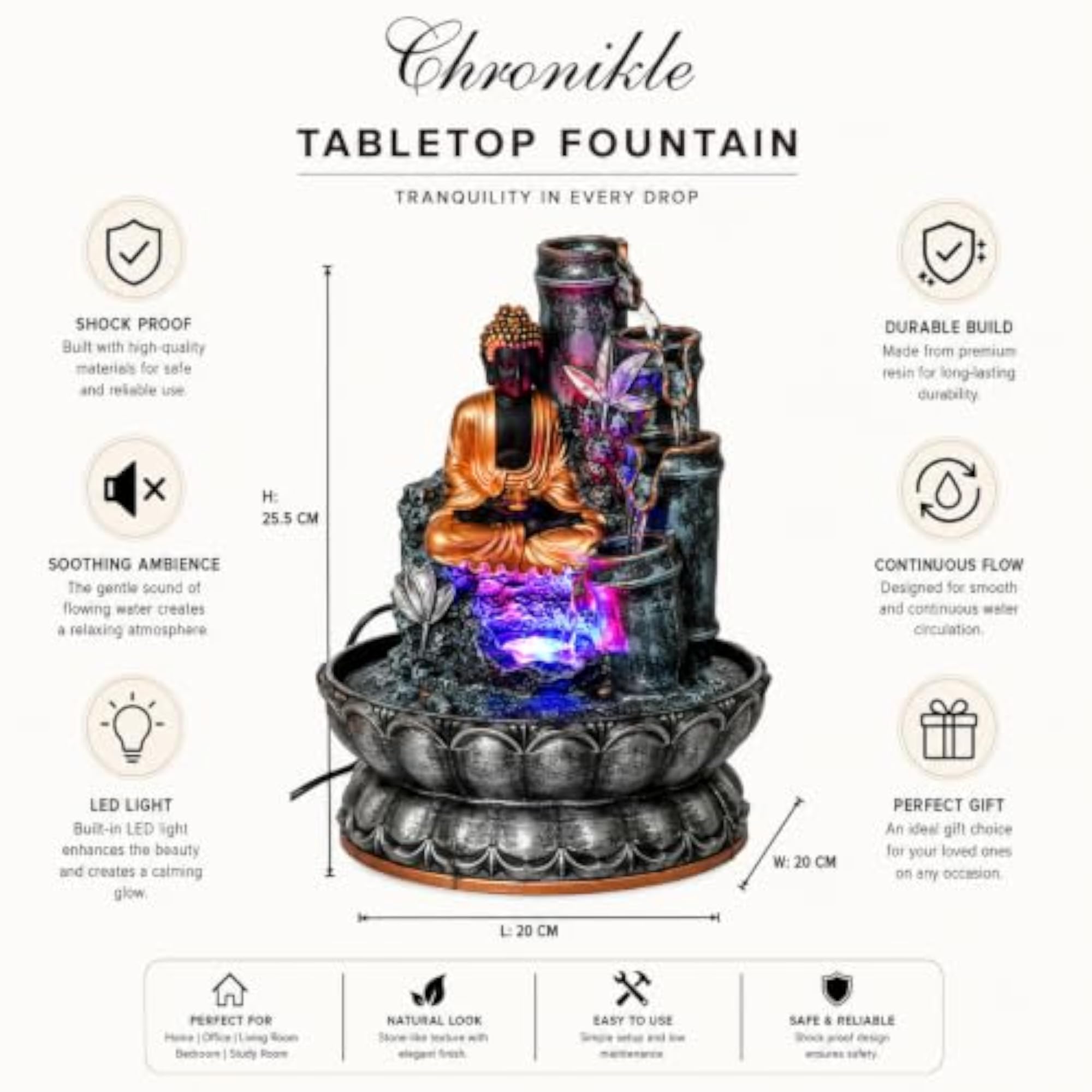 Grey Color Polyresin Tabletop Buddha Water Fountain
