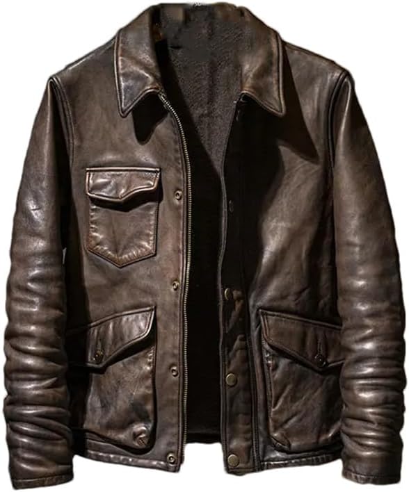 Vintage Distressed Brown Horsehide Coat Men Heavyweight Distressed Genuine Leather Jacket