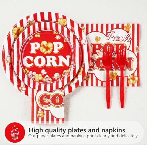 Image of Grencian 96Pcs Popcorn Party Supplies for Movie Night Serves 24 | Popcorn Plates and Napkins Red and White Sets Picnic Decorations for Festive Movie Night Birthday BBQ Summer Party Favors