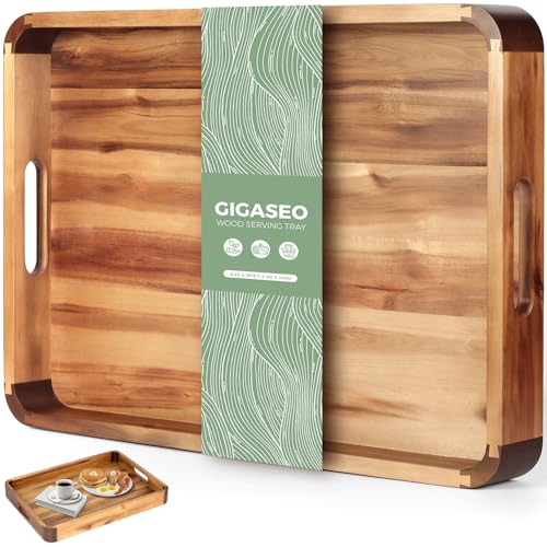 22 x 15.7 Inch Large Acacia Wood Serving Tray with Handles, Extra Spacious Decorative Wooden Tray with Dark Walnut-Tone Curved Corner Accents for Coffee Table, Ottoman & Kitchen Counter