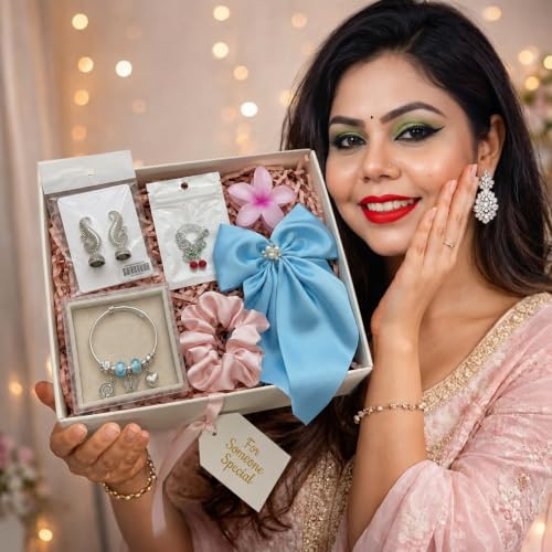 Image of Miss Chanda's Women's Gift Hamper for Girls & Women | Necklace, Charm Bracelet, Jhumka Earrings, Satin Scrunchie & Hair Bow, Decorative Flower, Birthday Gift Box | Random Colors & Desings for Surprise