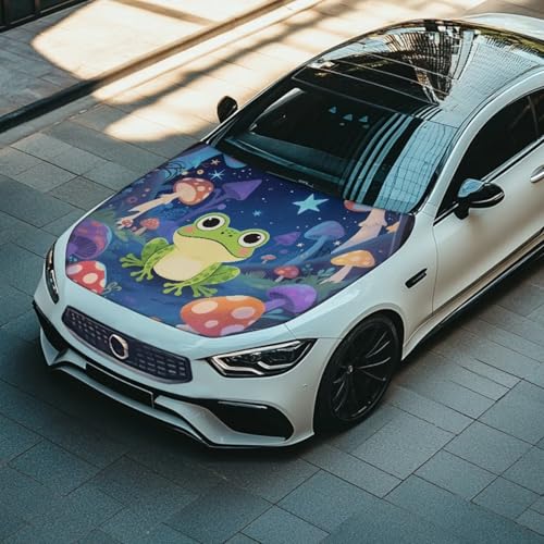 Image of Cartoon Frog Mushroom Car Hood Protector, Adorable Cute Frog Can be Washed Automotive Exterior Accessories for Car Hood Decoration and Protection(3X5FT) Mushroom Forest