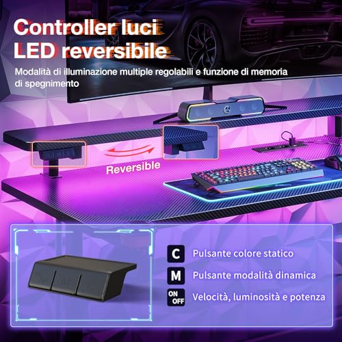 Scrivania Gaming con Luci LED e Prese di Corrente, 100cm Postazione Gaming con Supporto per Monitor, Scrivania Computer in Fibra di Carbonio Nera - Scrivania Gaming - Immagine 4