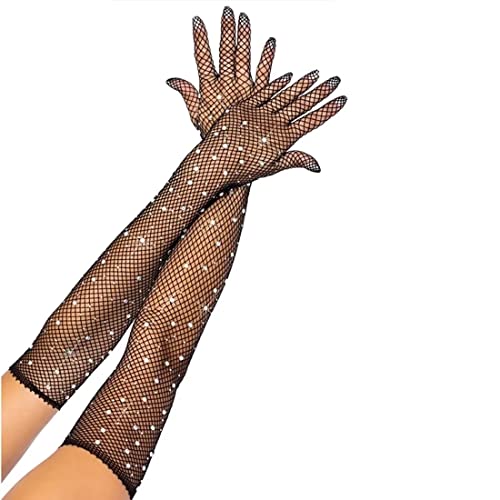 Image of DIAMOND EYE Rhinestone Fishnet Long Gloves Mesh Sparkly Glitter Fashion Opera Gloves For Party Halloween Costumes Accessories One Size Black