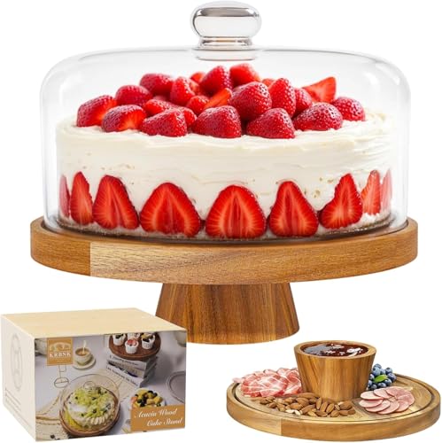 Krbnk Acacia Wood and Glass Cake Stand