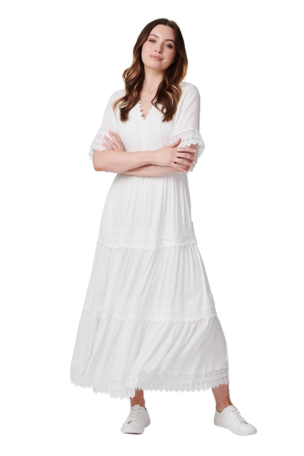 Izabel London Women's White Short Sleeve Crochet Maxi Dress In | : Size 18