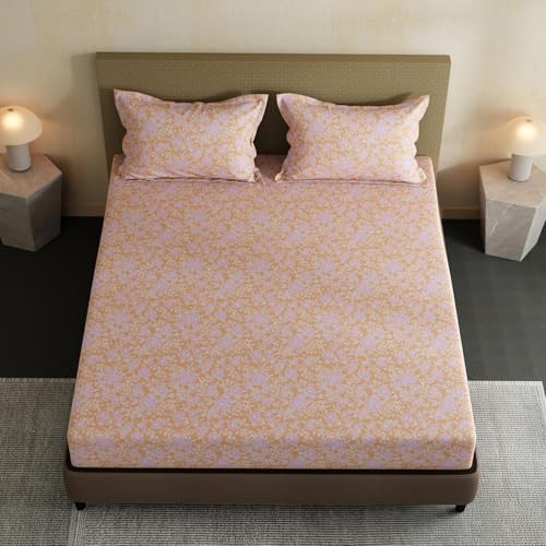 Image of Layers 100% Cotton Bedsheet for Double Size Bed | Lumina Floret Collection | 144 TC Soft & Breathable | Floral with 2 Pillow Covers | Wrinkle Free & Colorfast | 3 Pc Bedding Set - Purple & Orange