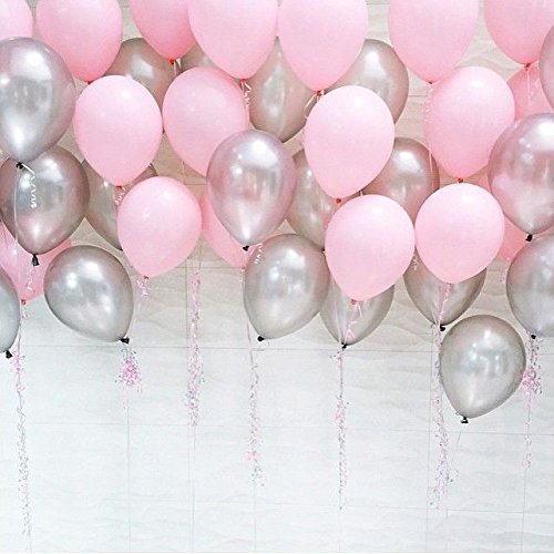 Mother&Fabulous 12" 3.2 Helium Quality Pearl Latex Balloons - Matt Light Baby Pink and Silver Pearl -100 CT