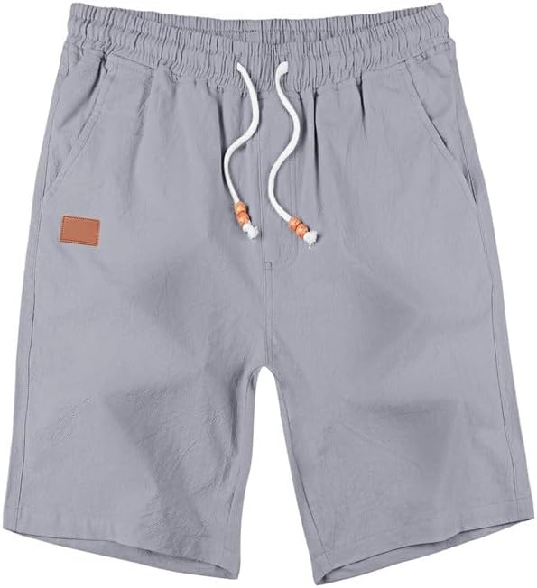 Men's Cotton Linen Shorts 9 inch Drawstring Casual Elastic Waist Summer Beach with Pockets - Image 3