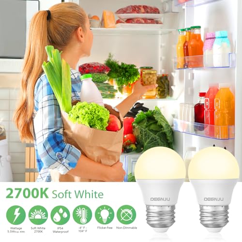 Image of DEGNJU LED Refrigerator Light Bulb, 40 Watt Equivalent, 120V, Fridge Light Bulb 2700K Soft White, A15 Appliance Bulb 5.5W for Freezer, 650LM, E26 Standard Base, 120V, Non-Dimmable, 2 Pack
