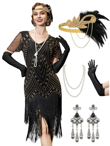 YESSA Flapper Dresses for Women Short Sleeve 1920s Dresses Great Gatsby Dresses for Women Roaring 20s Costumes Outfits Black Gold Large