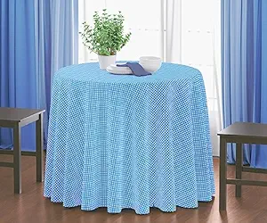 HOME COLORS.IN Gingham Check Tiny Plaid 6 Seater Round Table Cover - 100% Cotton - Hand Woven - Machine Washable - Durable - Dining Table Cloth Round - 70 x 70 Inch - Blue