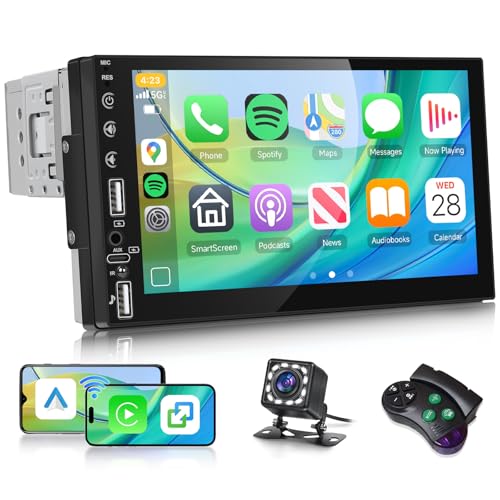 Hodozzy 1Din �J�[�X�e���I ���C�����X Carplay/Android Auto�Ή� wireless�A7�C���`�^�b�`�X�N���[�� 1Din �J�[���W�I �u���[�g�D�[�X�����A�I�����C������Đ��AFM���W�I�AEQ�A�X�e�A�����O�z�C�[���R���g���[���A