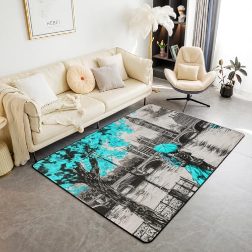 Homewish Tapis Salon 100x150cm Cerisier de Londres Tapis Chambre Thème Londres Moderne Turquoise Gris Tapis Sol Œuvre Big Ben Aquarelle Décoration...