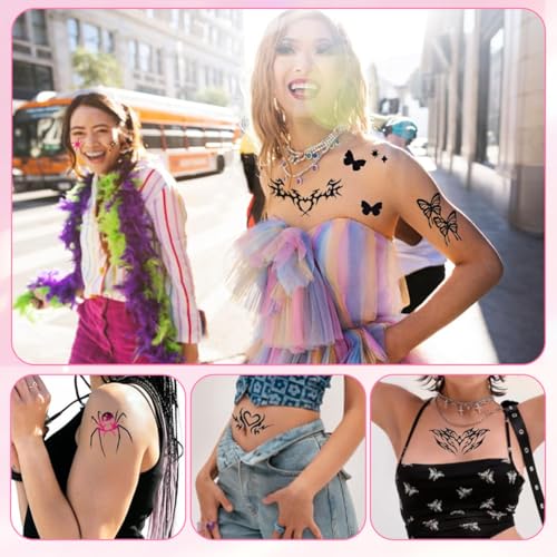 Image of MAYCREATE 10 Sheet Y2K Temporary Tattoo Stickers Set, Cute Y2K Style Water Transfer Tattoos, Butterfly Bow Heart Skull Tribal Flame & Grunge Body Art Stickers Festival Party Fashion Accessories