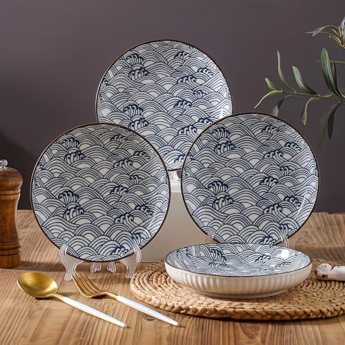 Image of Japanese Style 8-Inch Ceramic Round Dinner Plate - Microwave & Dishwasher Safe, 20.4x4.3cm Porcelain Dish for Seafood, Appetizers & Snacks, Waves (4 Piece)