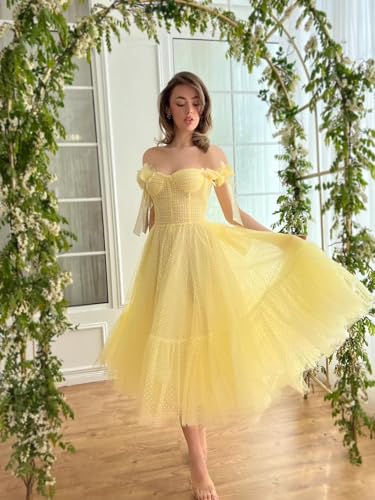 Dotted Tulle Off Shoulder Prom Dress for Women Sweetheart Midi Puffy Formal Party Gowns4