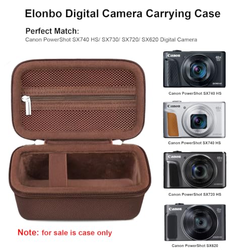 Image of Elonbo Carrying Case for Canon Powershot SX740 HS / SX730 HS /SX720 HS Camera | Canon SX740 Camera Case, Hard Bag, with Mesh Pocket Wrist Strap Double Zipper, for Vlogging Travel Protective Storage, Brown