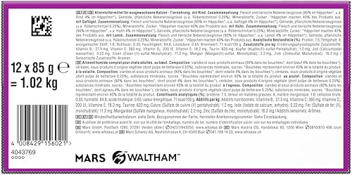 Whiskas 1+ Katzennassfutter Klassische Auswahl in Sauce, 12x85g (4 Packungen) – Hochwertiges Nassfutter für ausgewachsene Katzen in 48 Portionsbeuteln