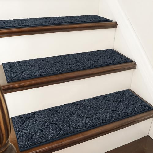 Image of COSY HOMEER Edging Stair Treads Non-Slip Carpet Mat 28inX9in Indoor Stair Runners for Wooden Steps, Edging Stair Rugs for Kids and Dogs, 100% Polyester TPE Backing (15pc, Navy)