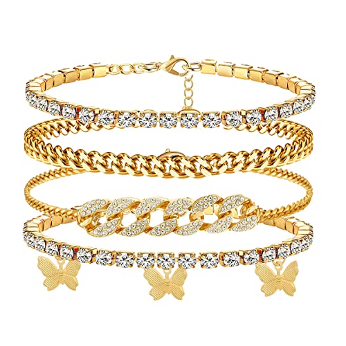 Image of yfstyle Butterfly Ankle Bracelet for Women Rhinestone Anklets Bulk Adjustable Layered Beach Ankle Bracelet Braided Chain Anklet Charm Ankle Bracelet Jewerly Gift